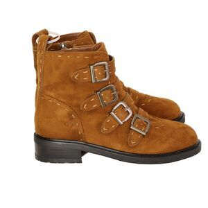 AEROSOLES Women's Arezzo Bootie Size 5 Faux Suede Brown Buckles Stitched A5